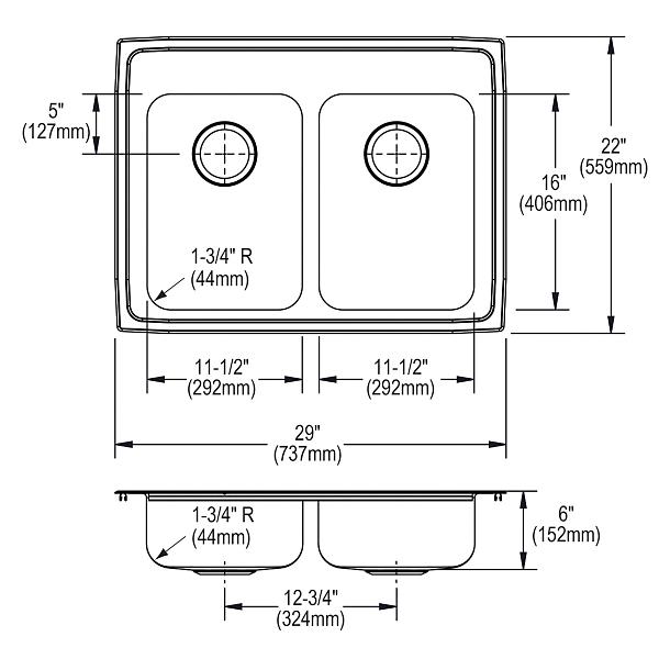 Elkay LRAD292260 Lustertone® Classic Stainless Steel 29" x 22" x 6" Equal Double Bowl Drop-in ADA Sink