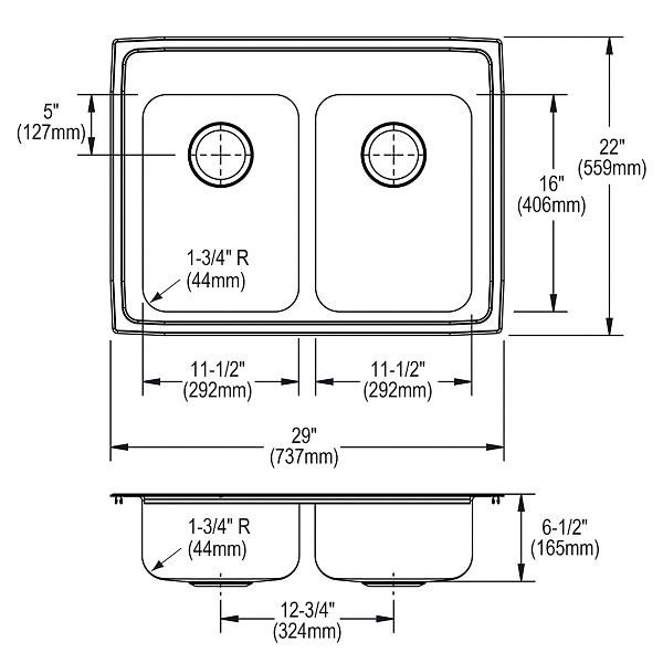 Elkay LRAD292265 Lustertone® Classic Stainless Steel 29" x 22" x 6-1/2" Equal Double Bowl Drop-in ADA Sink