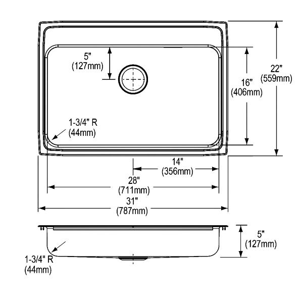 Elkay LRAD312250 Lustertone® Classic Stainless Steel 31" x 22" x 5" Single Bowl Drop-in ADA Sink
