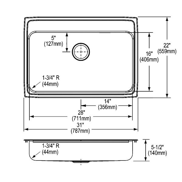 Elkay LRADQ312255 Lustertone® Classic Stainless Steel 31" x 22" x 5-1/2" Single Bowl Drop-in ADA Sink with Quick-clip