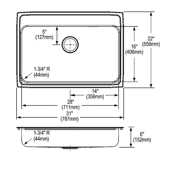 Elkay LRAD312260 Lustertone® Classic Stainless Steel 31" x 22" x 6" Single Bowl Drop-in ADA Sink