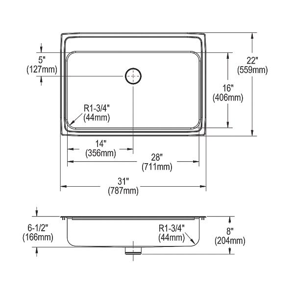 Elkay LRADQ312265PD Lustertone® Classic Stainless Steel 31" x 22" x 6-1/2" Single Bowl Drop-in ADA Sink with Perfect Drain® and Quick-clip