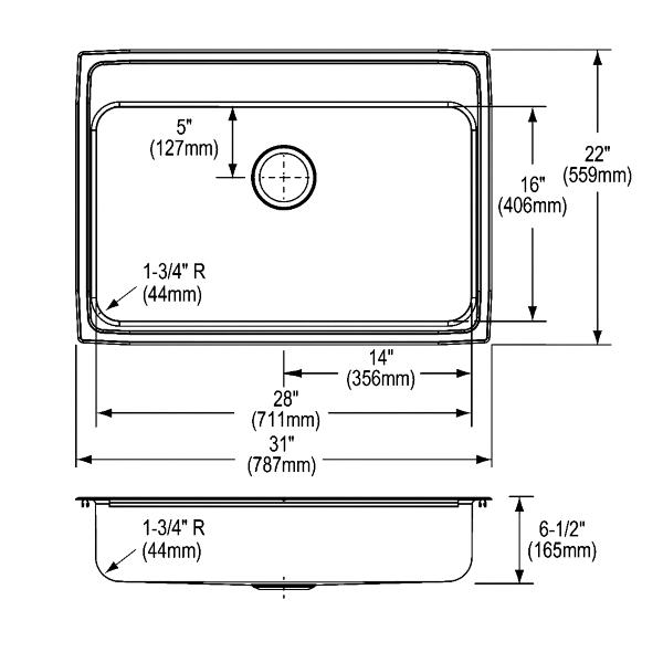 Elkay LRAD312265 Lustertone® Classic Stainless Steel 31" x 22" x 6-1/2" Single Bowl Drop-in ADA Sink