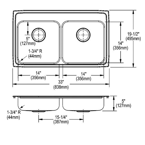 Elkay LRAD331950 Lustertone® Classic Stainless Steel 33" x 19-1/2" x 5" Equal Double Bowl Drop-in ADA Sink