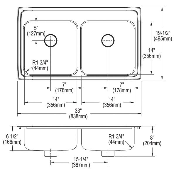 Elkay LRAD331965PD Lustertone® Classic Stainless Steel 33" x 19-1/2" x 6-1/2" Double Bowl Drop-in ADA Sink w/Perfect Drain®