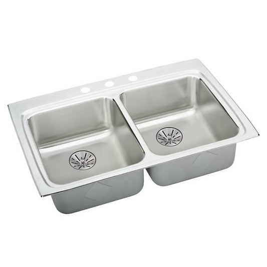 Elkay LRADQ332265PD Lustertone® Classic Stainless Steel 33" x 22" x 6-1/2" Equal Double Bowl Drop-in ADA Sink with Perfect Drain® and Quick-clip