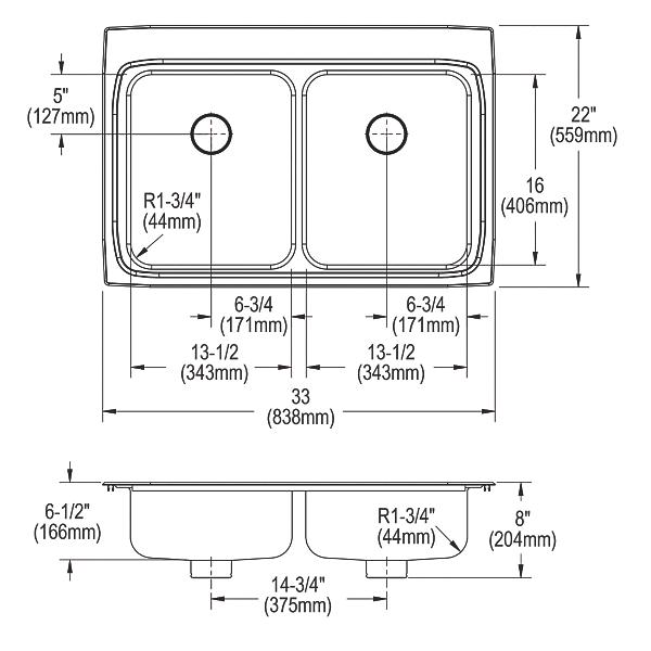 Elkay LRAD332265PD Lustertone® Classic Stainless Steel 33" x 22" x 6-1/2" Equal Double Bowl Drop-in ADA Sink with Perfect Drain®