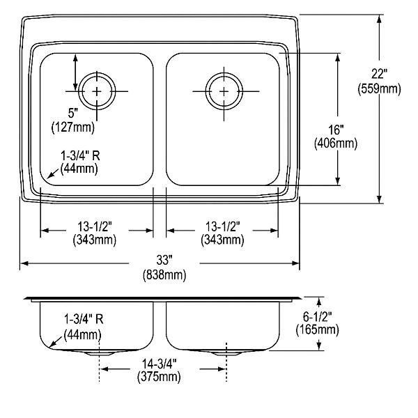 Elkay LRAD332265 Lustertone® Classic Stainless Steel 33" x 22" x 6-1/2" Equal Double Bowl Drop-in ADA Sink