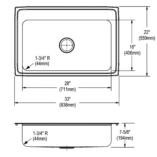 Elkay LRS3322 Lustertone® Classic Stainless Steel 33" x 22" x 7-5/8" Single Bowl Drop-in Sink