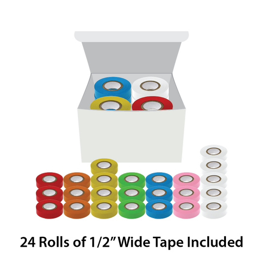 Globe Scientific LT-05X500RW Labeling Tape 1/2" x 500" Assorted Colors (5 white 4 yellow 3 blue 3 green 3 orange 3 pink 3 red)