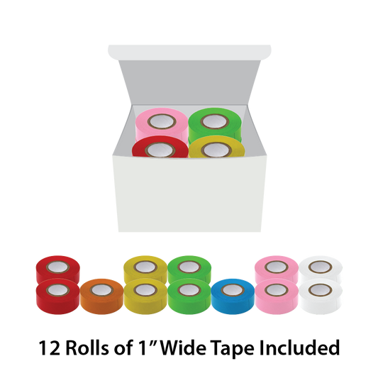 Globe Scientific LT-1X500RW Labeling Tape 1" x 500" Assorted Colors (2 green 2 pink 2 red 2 yellow 2 white 1 blue 1 orange)