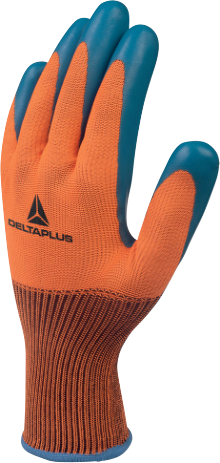 Delta Plus VE733OR08 VE733 100% polyester glove. Pure latex coating on palm and fingertips. Gauge 13. 8 (MD)