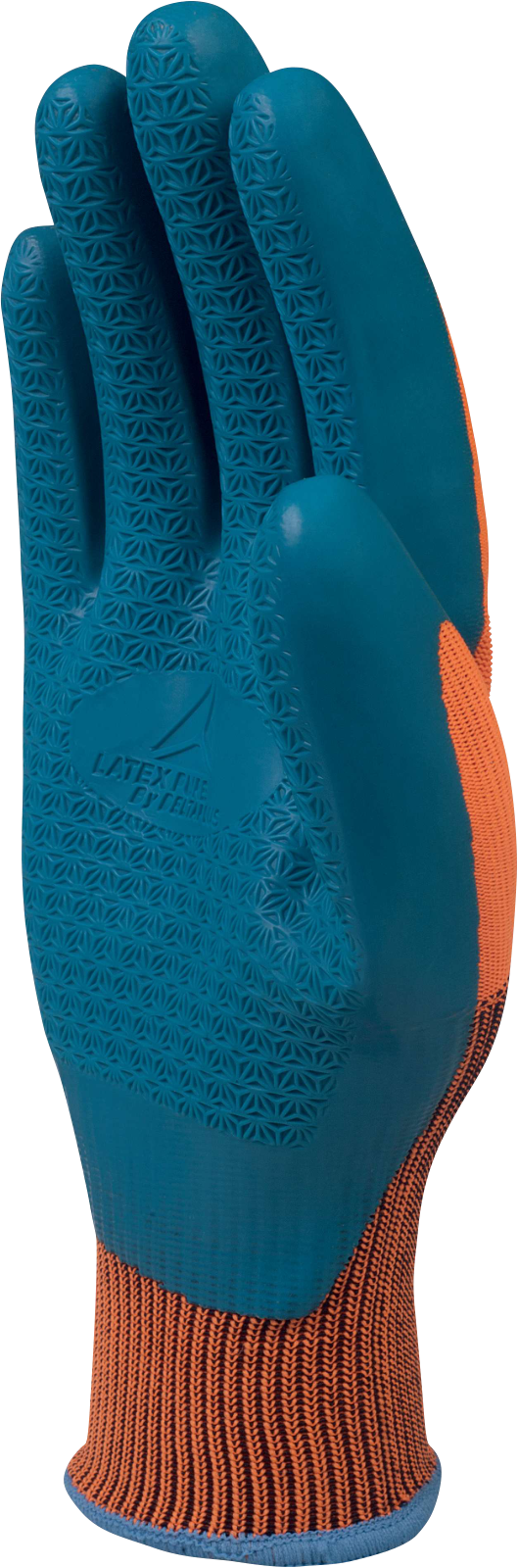 Delta Plus VE733OR08 VE733 100% polyester glove. Pure latex coating on palm and fingertips. Gauge 13. 8 (MD)