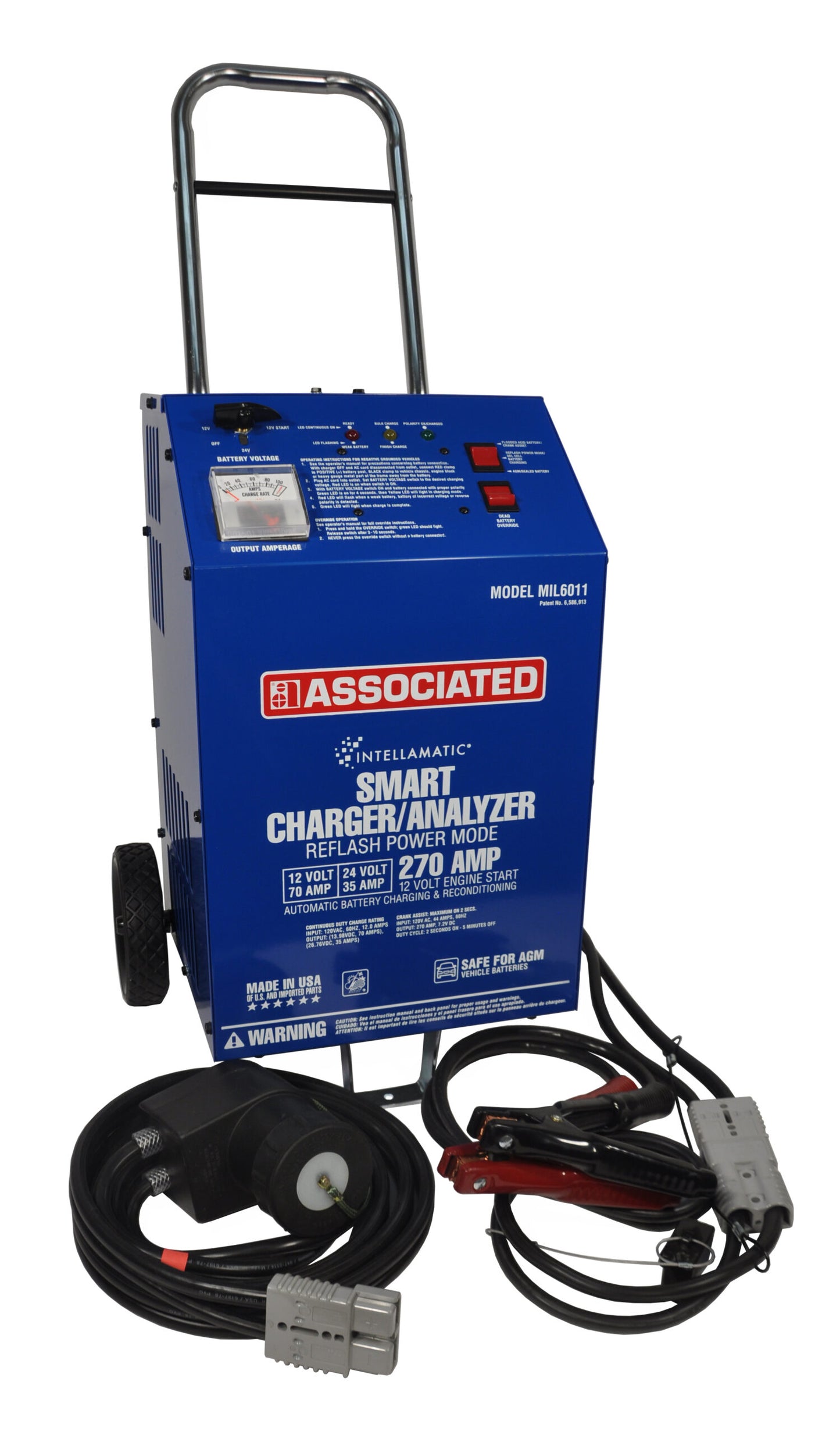 Associated Equipment MIL6011 Charger/Analyzer 12/24V 70/35Amp 200Amp Boost,Intellamatic W/Nato Plug & Quick Disconnet, Wheels (Ess)