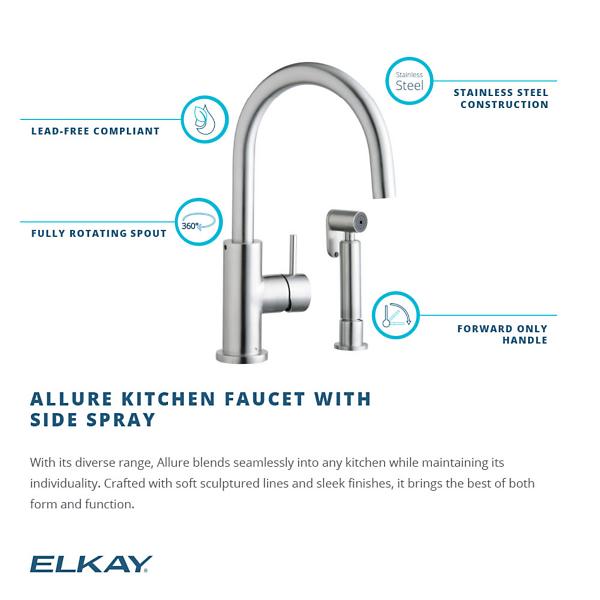 Elkay LK7922SSS Allure Single Hole Kitchen Faucet with Lever Handle and Side Spray Satin Stainless Steel