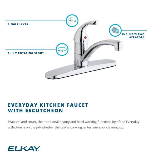 Elkay LK1000CR Everyday Three Hole Deck Mount Kitchen Faucet with Lever Handle and Deck Plate/Escutcheon Chrome