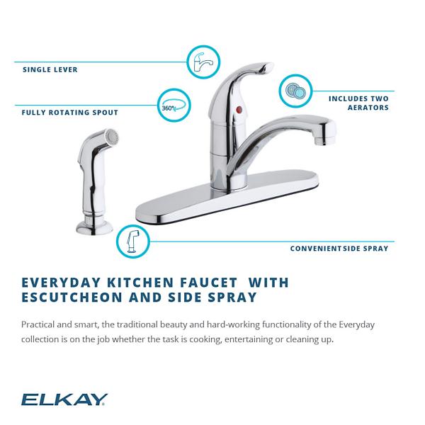 Elkay LK1001CR Everyday Four Hole Deck Mount Kitchen Faucet with Lever Handle and Side Spray and Deck Plate/Escutcheon Chrome