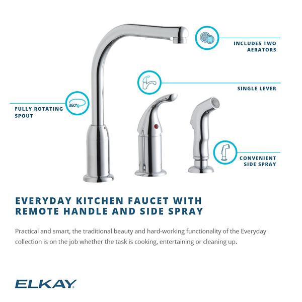 Elkay LK3001CR Everyday Kitchen Deck Mount Faucet with Remote Lever Handle and Side Spray Chrome