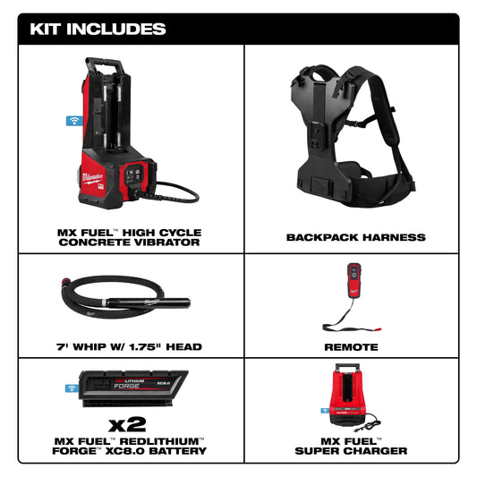 Milwaukee Tool MXF372-2XCB MX FUEL High Cycle Backpack Concrete Vibrator Kit (7' Whip / 1.75" Head), 1 EA