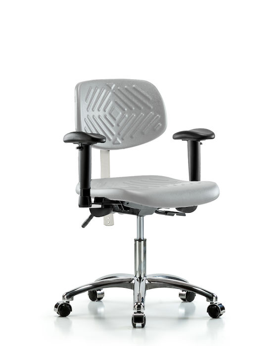 Blue Ridge Ergonomics NCR-PDHCH-CR-T0-A1-CC-GRY Class 100 Polyurethane Clean Room Chair - Desk Height with Adjustable Arms & Casters in Gray Polyurethane