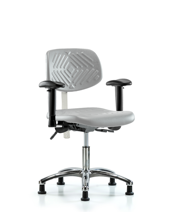 Blue Ridge Ergonomics NCR-PDHCH-CR-T0-A1-RG-GRY Class 100 Polyurethane Clean Room Chair - Desk Height with Adjustable Arms & Stationary Glides in Gray Polyurethane