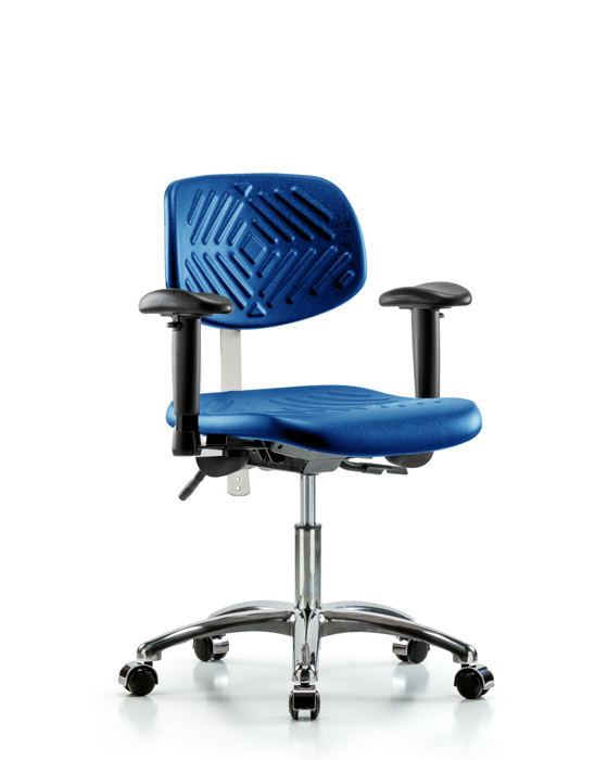 Blue Ridge Ergonomics NCR-PDHCH-CR-T1-A1-CC-BLU Class 100 Polyurethane Clean Room Chair - Desk Height with Seat Tilt, Adjustable Arms, & Casters in Blue Polyurethane