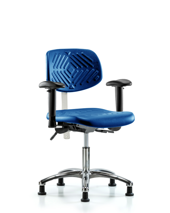 Blue Ridge Ergonomics NCR-PDHCH-CR-T1-A1-RG-BLU Class 100 Polyurethane Clean Room Chair - Desk Height with Seat Tilt, Adjustable Arms, & Stationary Glides in Blue Polyurethane