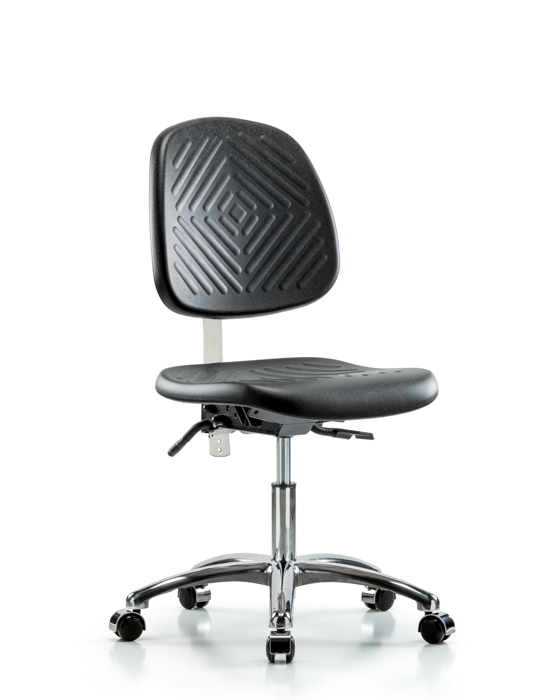 Blue Ridge Ergonomics NCR-PDHCH-MB-CR-T0-A0-CC-BLK Class 10 Polyurethane Clean Room Chair - Desk Height with Medium Back & Casters in Black Polyurethane