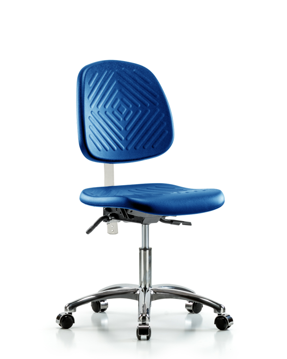 Blue Ridge Ergonomics NCR-PDHCH-MB-CR-T0-A0-CC-BLU Class 10 Polyurethane Clean Room Chair - Desk Height with Medium Back & Casters in Blue Polyurethane