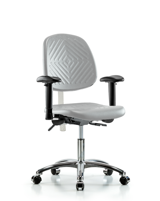 Blue Ridge Ergonomics NCR-PDHCH-MB-CR-T0-A1-CC-GRY Class 100 Polyurethane Clean Room Chair - Desk Height with Medium Back, Adjustable Arms, & Casters in Gray Polyurethane