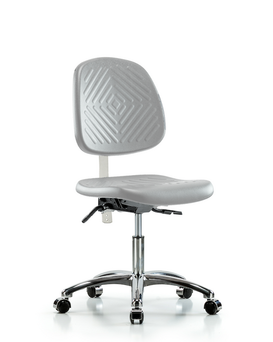 Blue Ridge Ergonomics NCR-PDHCH-MB-CR-T1-A0-CC-GRY Class 100 Polyurethane Clean Room Chair - Desk Height with Medium Back, Seat Tilt, & Casters in Gray Polyurethane
