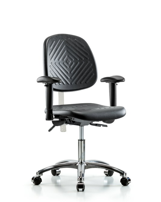 Blue Ridge Ergonomics NCR-PDHCH-MB-CR-T1-A1-CC-BLK Class 100 Polyurethane Clean Room Chair - Desk Height with Medium Back, Seat Tilt, Adjustable Arms, & Casters in Black Polyurethane