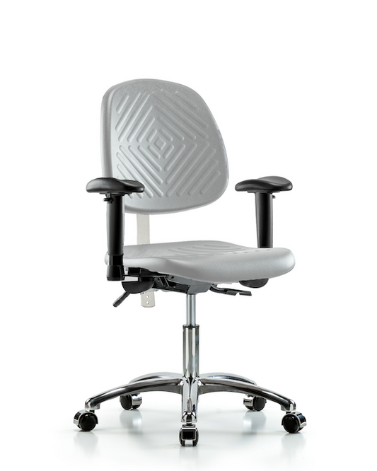 Blue Ridge Ergonomics NCR-PDHCH-MB-CR-T1-A1-CC-GRY Class 100 Polyurethane Clean Room Chair - Desk Height with Medium Back, Seat Tilt, Adjustable Arms, & Casters in Gray Polyurethane