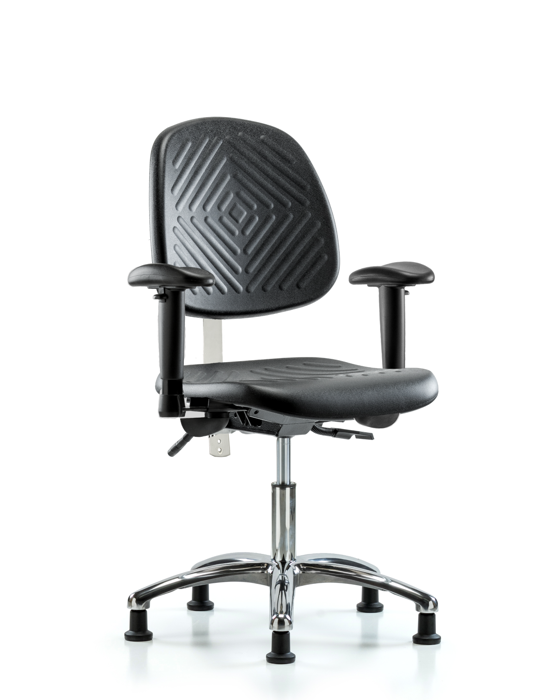Blue Ridge Ergonomics NCR-PDHCH-MB-CR-T1-A1-RG-BLK Class 100 Polyurethane Clean Room Chair - Desk Height with Medium Back, Seat Tilt, Adjustable Arms, & Stationary Glides in Black Polyurethane