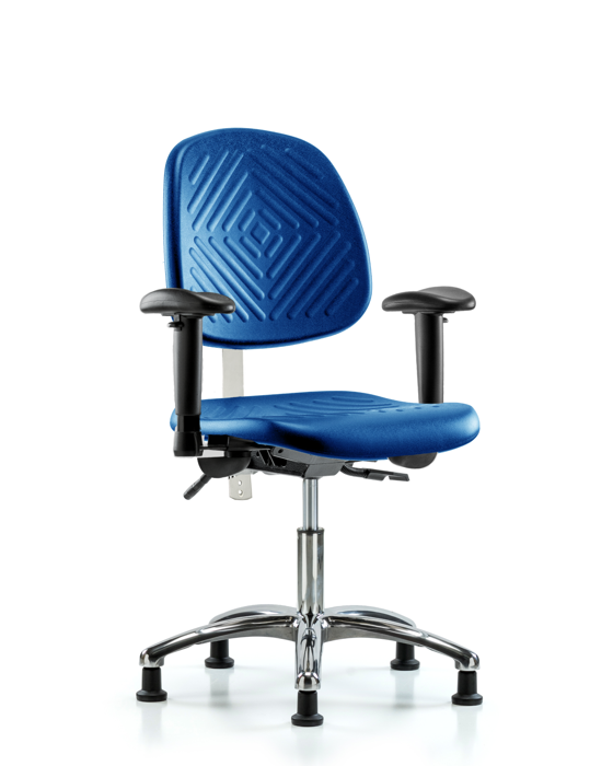 Blue Ridge Ergonomics NCR-PDHCH-MB-CR-T1-A1-RG-BLU Class 100 Polyurethane Clean Room Chair - Desk Height with Medium Back, Seat Tilt, Adjustable Arms, & Stationary Glides in Blue Polyurethane