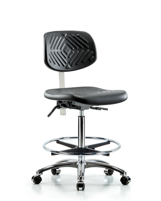 Blue Ridge Ergonomics NCR-PHBCH-CR-T0-A0-CF-CC-BLK Class 10 Polyurethane Clean Room Chair - High Bench Height with Chrome Foot Ring & Casters in Black Polyurethane