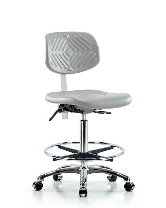 Blue Ridge Ergonomics NCR-PHBCH-CR-T0-A0-CF-CC-GRY Class 10 Polyurethane Clean Room Chair - High Bench Height with Chrome Foot Ring & Casters in Gray Polyurethane