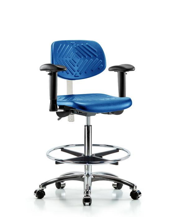 Blue Ridge Ergonomics NCR-PHBCH-CR-T0-A1-CF-CC-BLU Class 100 Polyurethane Clean Room Chair - High Bench Height with Adjustable Arms, Chrome Foot Ring, & Casters in Blue Polyurethane
