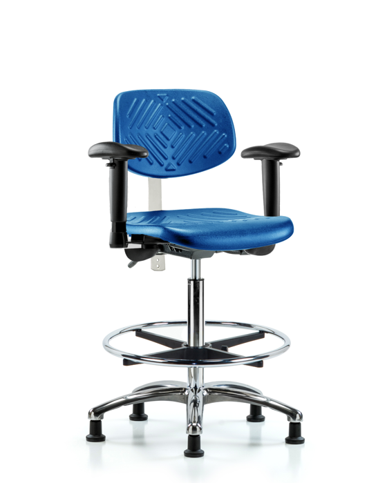 Blue Ridge Ergonomics NCR-PHBCH-CR-T0-A1-CF-RG-BLU Class 100 Polyurethane Clean Room Chair - High Bench Height with Adjustable Arms, Chrome Foot Ring, & Stationary Glides in Blue Polyurethane