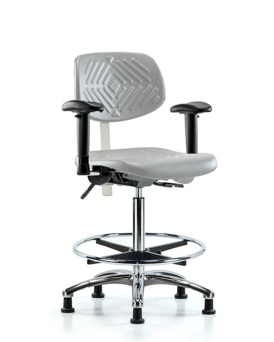 Blue Ridge Ergonomics NCR-PHBCH-CR-T0-A1-CF-RG-GRY Class 100 Polyurethane Clean Room Chair - High Bench Height with Adjustable Arms, Chrome Foot Ring, & Stationary Glides in Gray Polyurethane