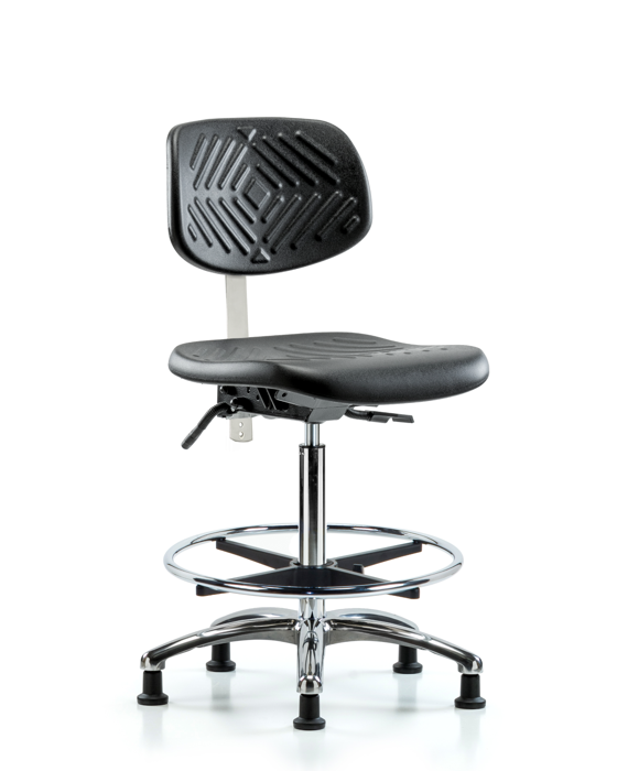 Blue Ridge Ergonomics NCR-PHBCH-CR-T1-A0-CF-RG-BLK Class 100 Polyurethane Clean Room Chair - High Bench Height with Seat Tilt, Chrome Foot Ring, & Stationary Glides in Black Polyurethane