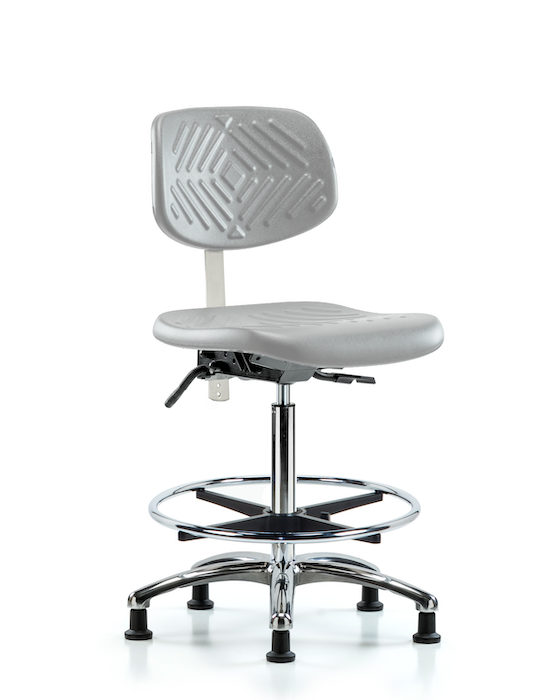 Blue Ridge Ergonomics NCR-PHBCH-CR-T1-A0-CF-RG-GRY Class 100 Polyurethane Clean Room Chair - High Bench Height with Seat Tilt, Chrome Foot Ring, & Stationary Glides in Gray Polyurethane