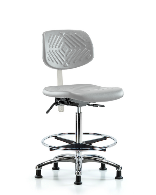 Blue Ridge Ergonomics NCR-PHBCH-CR-T1-A0-CF-RG-GRY Class 100 Polyurethane Clean Room Chair - High Bench Height with Seat Tilt, Chrome Foot Ring, & Stationary Glides in Gray Polyurethane