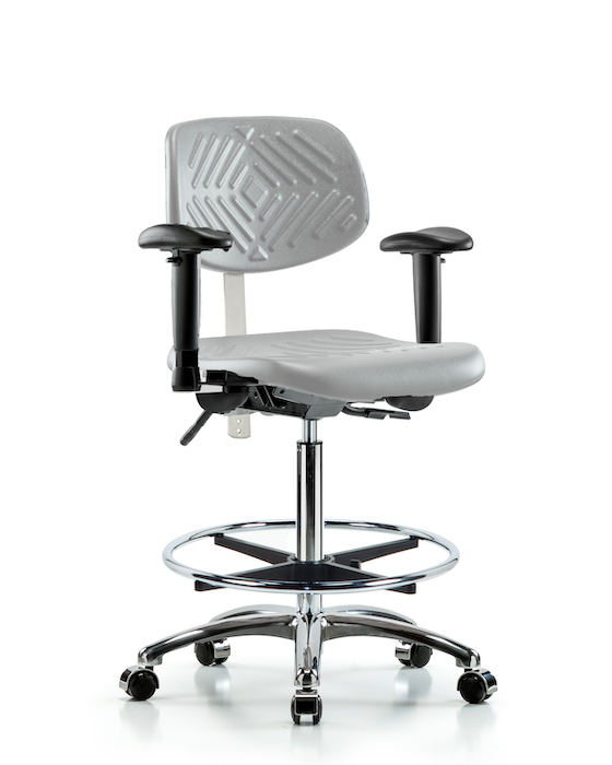 Blue Ridge Ergonomics NCR-PHBCH-CR-T1-A1-CF-CC-GRY Class 100 Polyurethane Clean Room Chair - High Bench Height with Seat Tilt, Adjustable Arms, Chrome Foot Ring, & Casters in Gray Polyurethane