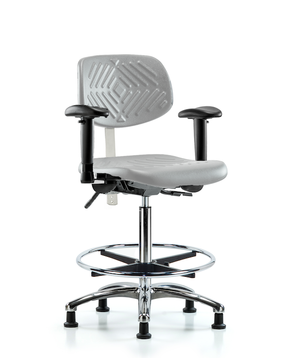 Blue Ridge Ergonomics NCR-PHBCH-CR-T1-A1-CF-RG-GRY Class 100 Polyurethane Clean Room Chair - High Bench Height with Seat Tilt, Adjustable Arms, Chrome Foot Ring, & Stationary Glides in Gray Polyurethane