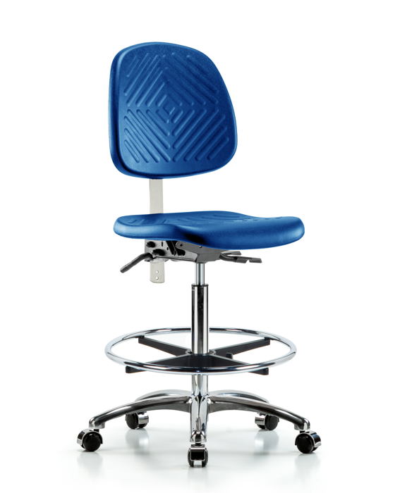 Blue Ridge Ergonomics NCR-PHBCH-MB-CR-T0-A0-CF-CC-BLU Class 10 Polyurethane Clean Room Chair - High Bench Height with Medium Back & Casters in Blue Polyurethane
