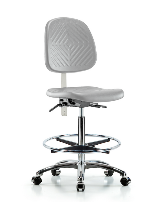 Blue Ridge Ergonomics NCR-PHBCH-MB-CR-T0-A0-CF-CC-GRY Class 10 Polyurethane Clean Room Chair - High Bench Height with Medium Back & Casters in Gray Polyurethane