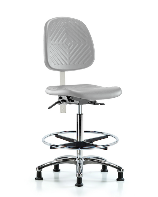 Blue Ridge Ergonomics NCR-PHBCH-MB-CR-T0-A0-CF-RG-GRY Class 10 Polyurethane Clean Room Chair - High Bench Height with Medium Back & Stationary Glides in Gray Polyurethane
