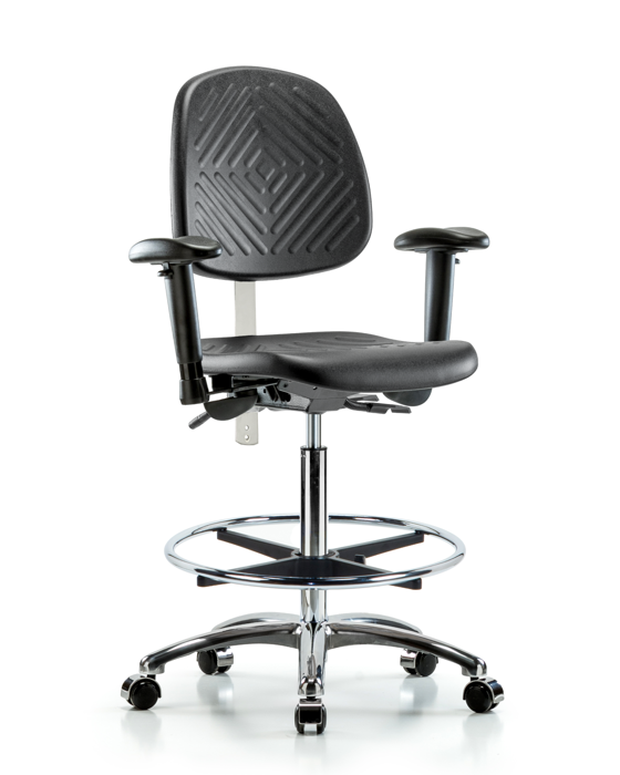 Blue Ridge Ergonomics NCR-PHBCH-MB-CR-T0-A1-CF-CC-BLK Class 100 Polyurethane Clean Room Chair - High Bench Height with Medium Back, Adjustable Arms, Chrome Foot Ring, & Casters in Black Polyurethane