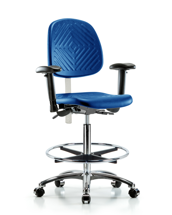 Blue Ridge Ergonomics NCR-PHBCH-MB-CR-T0-A1-CF-CC-BLU Class 100 Polyurethane Clean Room Chair - High Bench Height with Medium Back, Adjustable Arms, Chrome Foot Ring, & Casters in Blue Polyurethane